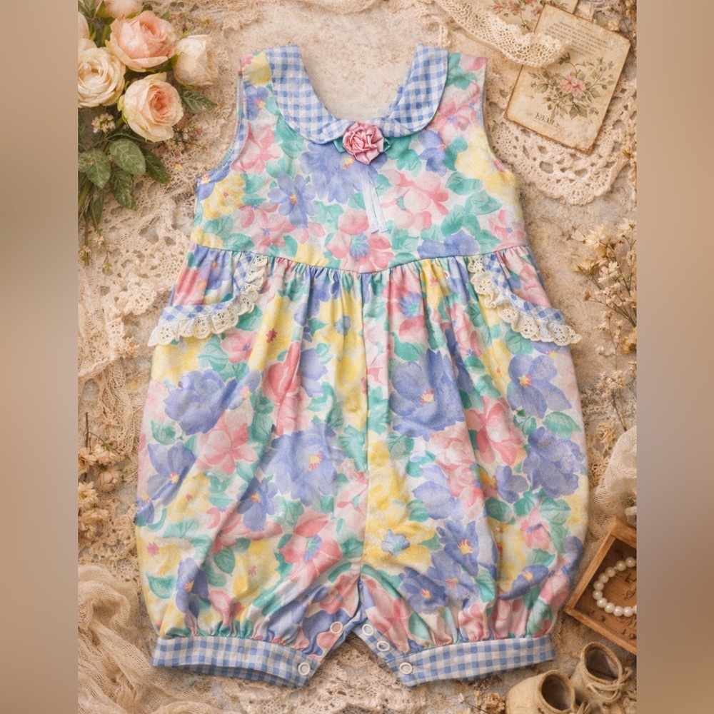 Vintage Buster Brown Baby Romper 24M Floral Gingham USA Made Cottagecore Spring